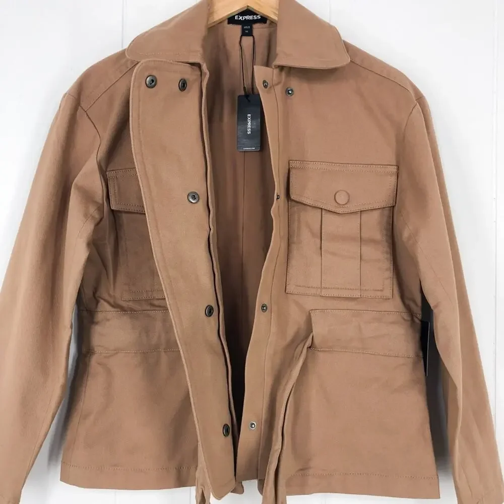 Express Utility Jacket Cotton Twill Oversized Pockets Belted Womens Size XS Tan